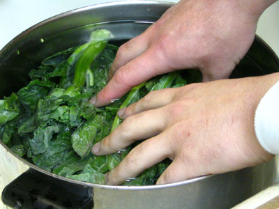 Use Both Hands To Clean The Chinese Broccoli.  Make Water Movement In the Pot.  (31k)