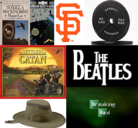 Books, SF Giants, 45lb Plate, Settlers Of Catan, Beatles, Outdoors Hat, Breaking Bad Pics