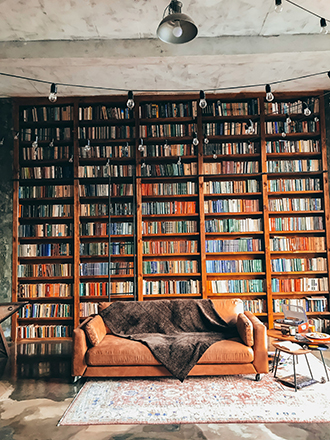 Book Reading Sofa And Floor To Ceiling Bookshelf With Ladder
